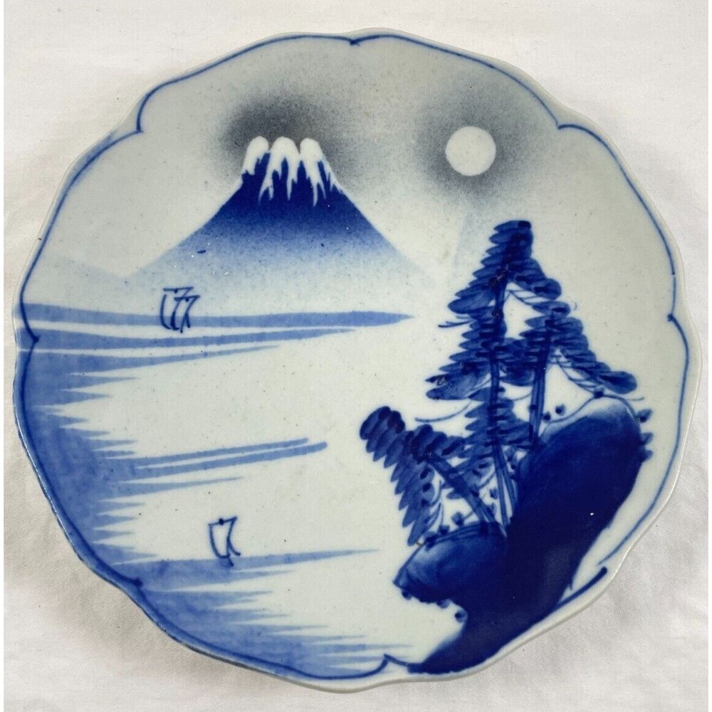 Blue Landscape Plate Stoneware Japanese Antique Edo Arita 8.25" Japan Hand Paint